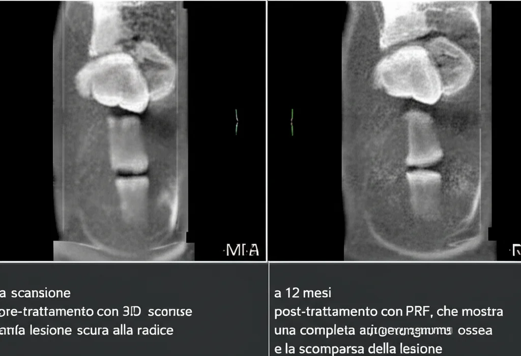 Schermata di un software di imaging dentale avanzato che mostra una comparazione affiancata di due scansioni CBCT 3D dello stesso incisivo. A sinistra, la scansione pre-trattamento con una grande lesione scura alla radice. A destra, la scansione a 12 mesi post-trattamento con PRF, che mostra una completa rigenerazione ossea e la scomparsa della lesione. Evidenziazione grafica del volume della lesione nelle due fasi.
