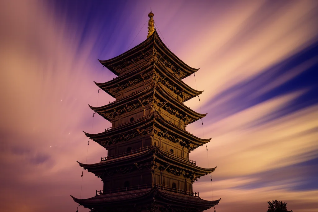 Immagine fotorealistica della Pagoda di Legno di Yingxian al tramonto, vista dal basso verso l'alto per enfatizzare la sua altezza e complessità strutturale. Obiettivo grandangolare 18mm, messa a fuoco nitida su tutta la struttura, lunga esposizione per catturare le nuvole mosse nel cielo e la calda luce dorata sul legno antico.