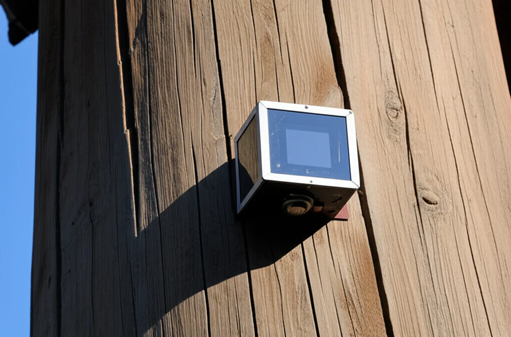 Primo piano fotorealistico di un prisma di monitoraggio high-tech montato su una colonna di legno antico della Pagoda di Yingxian. Obiettivo macro 100mm, alta definizione per mostrare sia i dettagli del prisma riflettente sia la texture usurata e le crepe del legno. Illuminazione controllata per evidenziare i contrasti.