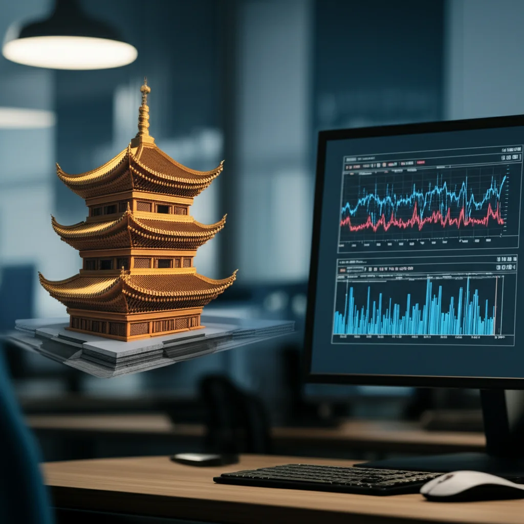 Schermata fotorealistica di un software di visualizzazione del gemello digitale. Si vede un modello 3D dettagliato della Pagoda di Yingxian su un monitor. Una colonna specifica è evidenziata e accanto compaiono grafici lineari che mostrano dati di spostamento storici (blu) e predetti (rosso). Profondità di campo ridotta per focalizzare l'attenzione sullo schermo e sui grafici. Ambiente di ufficio high-tech sullo sfondo sfocato.