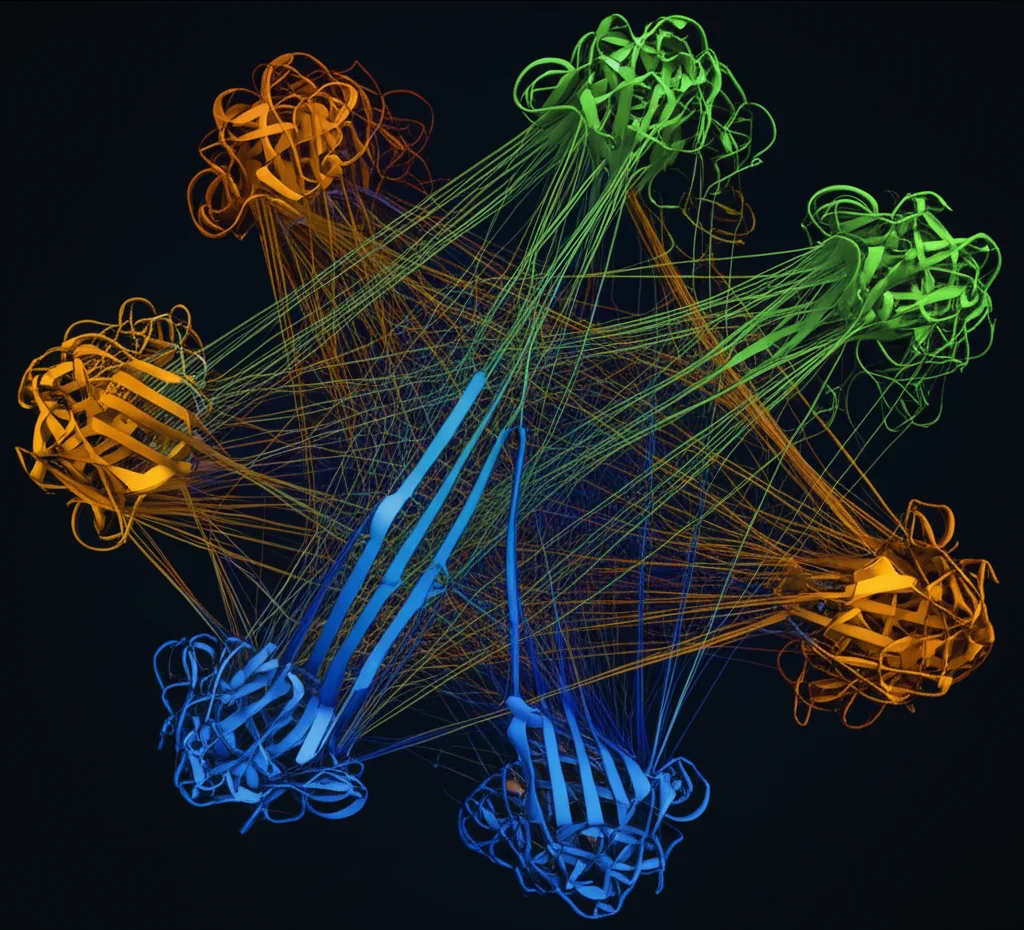 Visualizzazione 3D di una rete di interazione proteica complessa, obiettivo macro 60mm, alto dettaglio, che mostra la proteina tau (blu) al centro che interagisce con diverse subunità del complesso CTLH E3 ligasi (colori diversi), sfondo scuro per enfatizzare le connessioni.