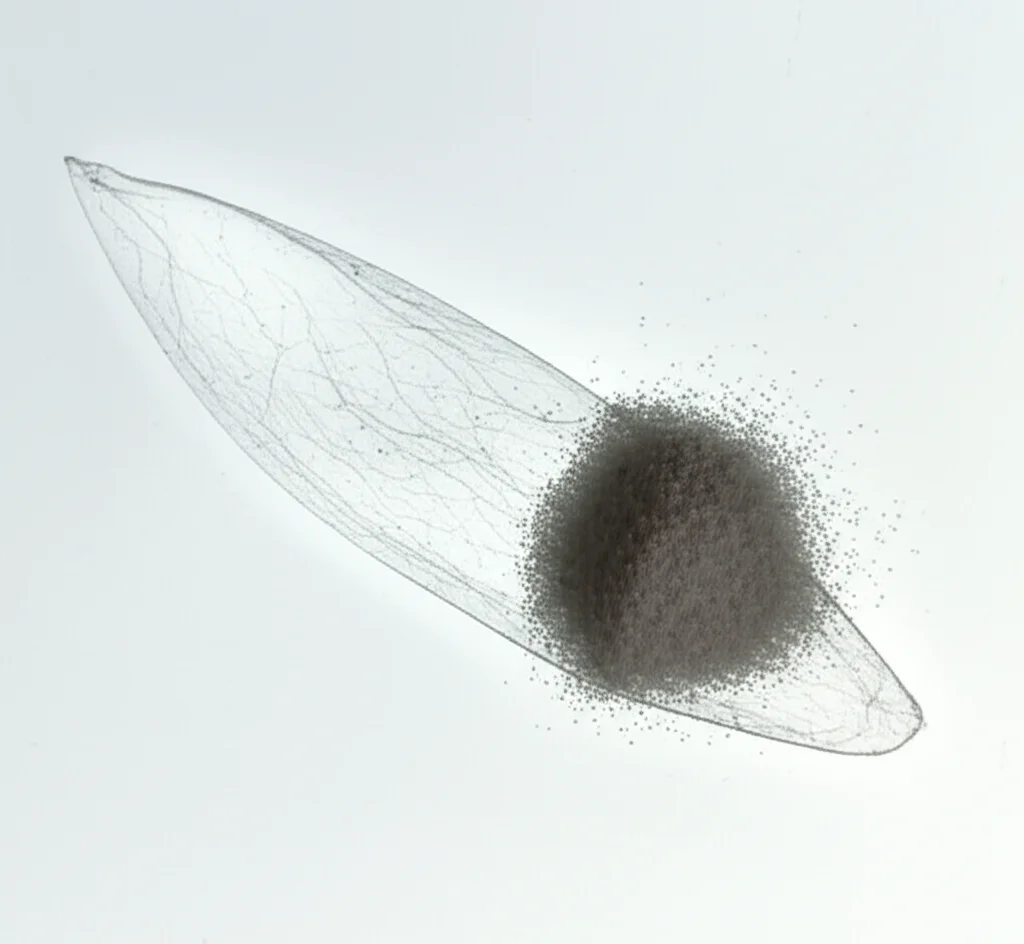 Macro fotografia di un frammento traslucido di membrana amniotica bovina fresca accanto a polvere fine della stessa membrana liofilizzata, su sfondo sterile. Illuminazione controllata laterale per evidenziare le diverse texture, obiettivo macro 100mm, alta definizione, messa a fuoco precisa.