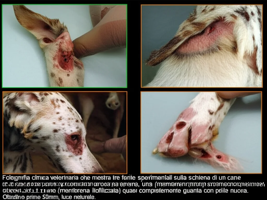 Fotografia clinica veterinaria che mostra tre ferite sperimentali sulla schiena di un cane a 3 settimane: una (controllo) ancora aperta, una (membrana fresca) parzialmente chiusa, e una (membrana liofilizzata) quasi completamente guarita con pelle nuova. Obiettivo prime 50mm, luce naturale.