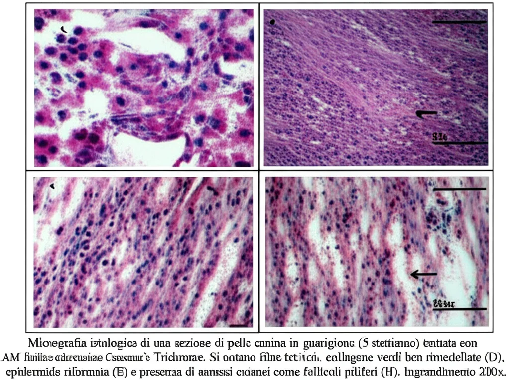 Micrografia istologica di una sezione di pelle canina in guarigione (5 settimane) trattata con AM liofilizzata, colorazione Crossman's Trichrome. Si notano fibre di collagene verdi ben rimodellate (D), epidermide riformata (E) e presenza di annessi cutanei come follicoli piliferi (H). Ingrandimento 200x.
