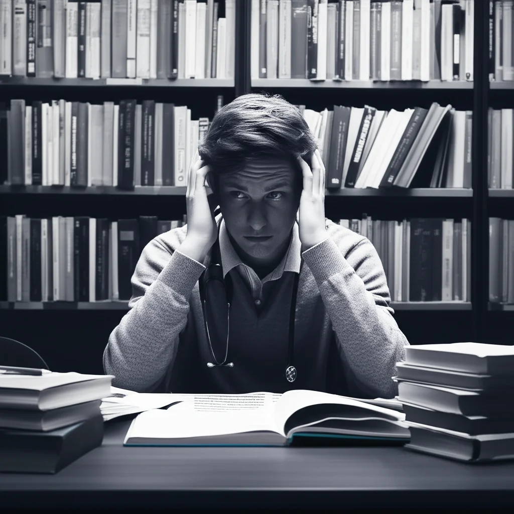 Ritratto fotografico di uno studente di medicina dall'aspetto stanco e pensieroso, seduto in una biblioteca poco illuminata, circondato da libri. Obiettivo 35mm, profondità di campo ridotta per isolare lo studente, toni bicromatici blu e grigio per accentuare la malinconia.
