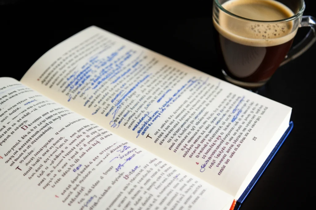 Fotografia macro di pagine di un libro di testo medico fitto di appunti e sottolineature, con una tazza di caffè freddo accanto. Obiettivo macro 100mm, alta definizione dei dettagli, illuminazione controllata per enfatizzare la trama della carta e l'inchiostro.