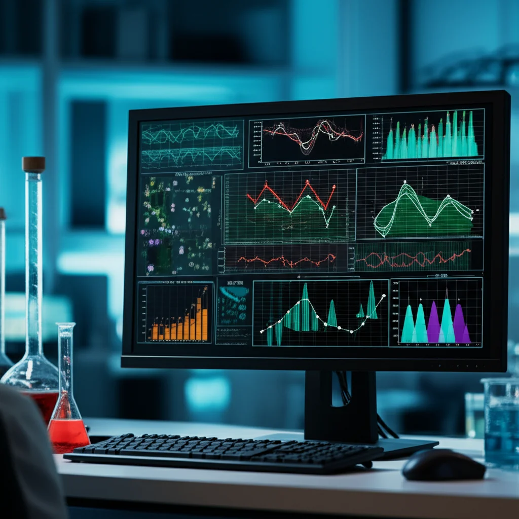 Primo piano di uno schermo di computer in un laboratorio high-tech che mostra grafici complessi di dati molecolari e curve di machine learning, illuminazione controllata da laboratorio, obiettivo macro 85mm, alta definizione, focus preciso sui grafici, sfondo leggermente sfocato con attrezzature scientifiche.