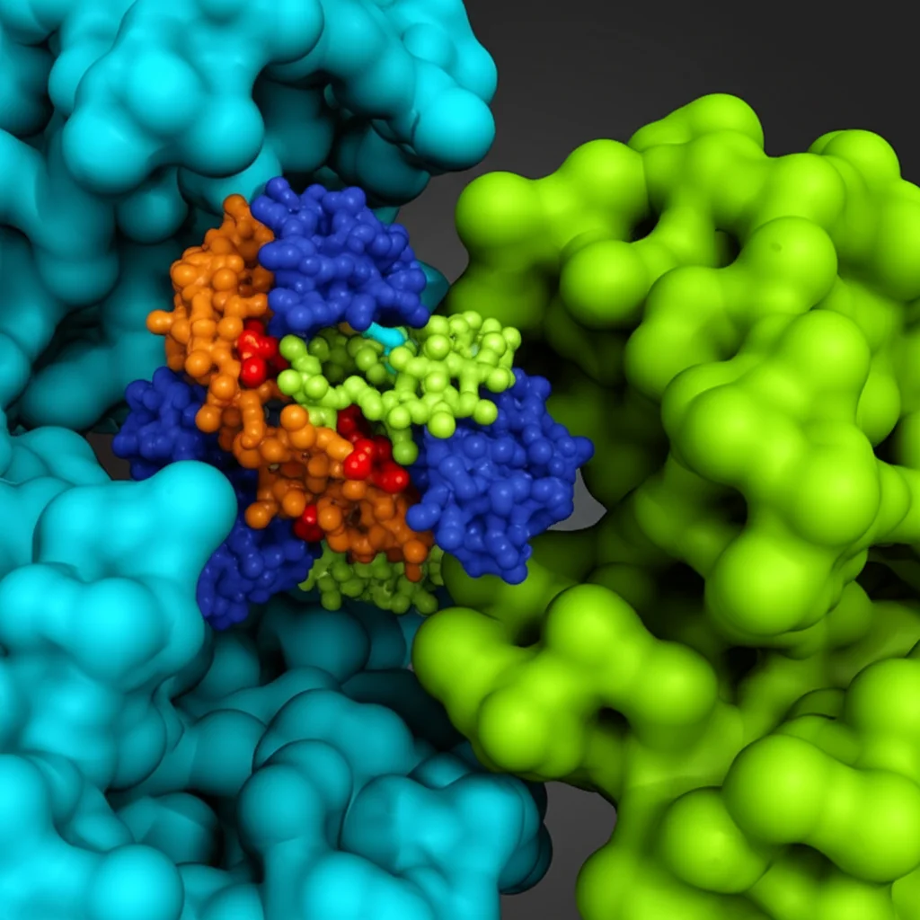Visualizzazione 3D fotorealistica di una molecola farmacologica complessa che si lega al sito attivo della proteina del canale ionico hERG, resa scientifica dettagliata, obiettivo macro 100mm, illuminazione drammatica che evidenzia l'interazione chiave, sfondo scuro astratto.