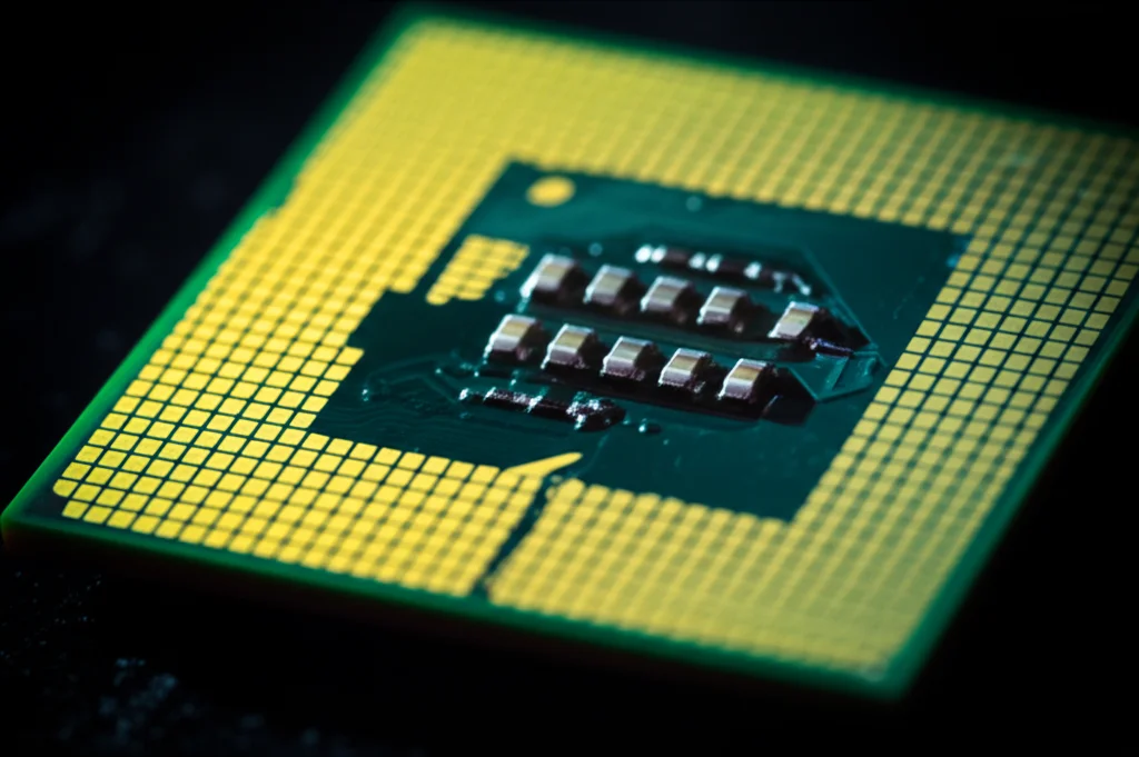 Fotografia macro di un chip di silicio illuminato da una luce controllata e precisa, con dettagli elevati, obiettivo macro 90mm, a simboleggiare la complessità dell'analisi dei dati e della metodologia di ricerca nel settore high-tech.