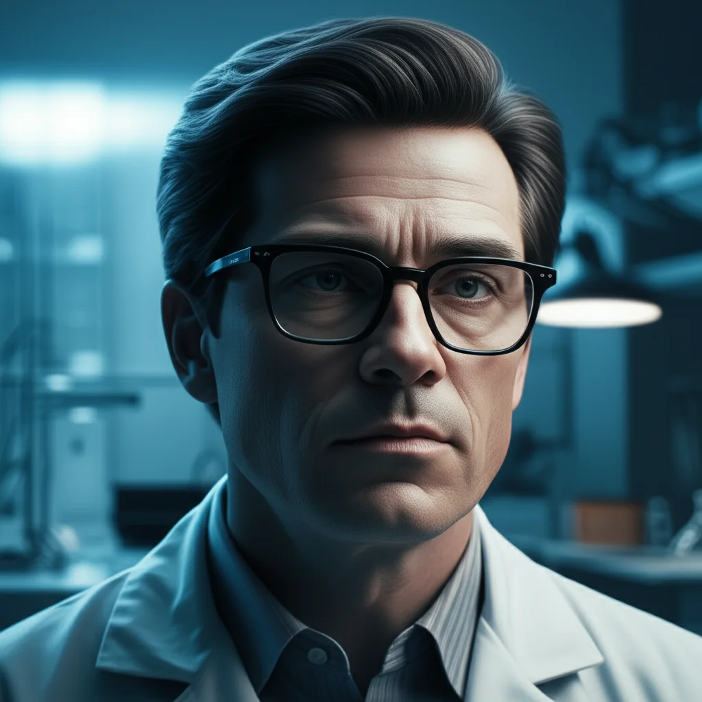 Ritratto fotografico di un ricercatore pensieroso in un laboratorio moderno, 35mm, profondità di campo ridotta per focalizzare sull'espressione, toni bicromatici blu e grigio, che riflette sul futuro della sua carriera dopo un'acquisizione aziendale.
