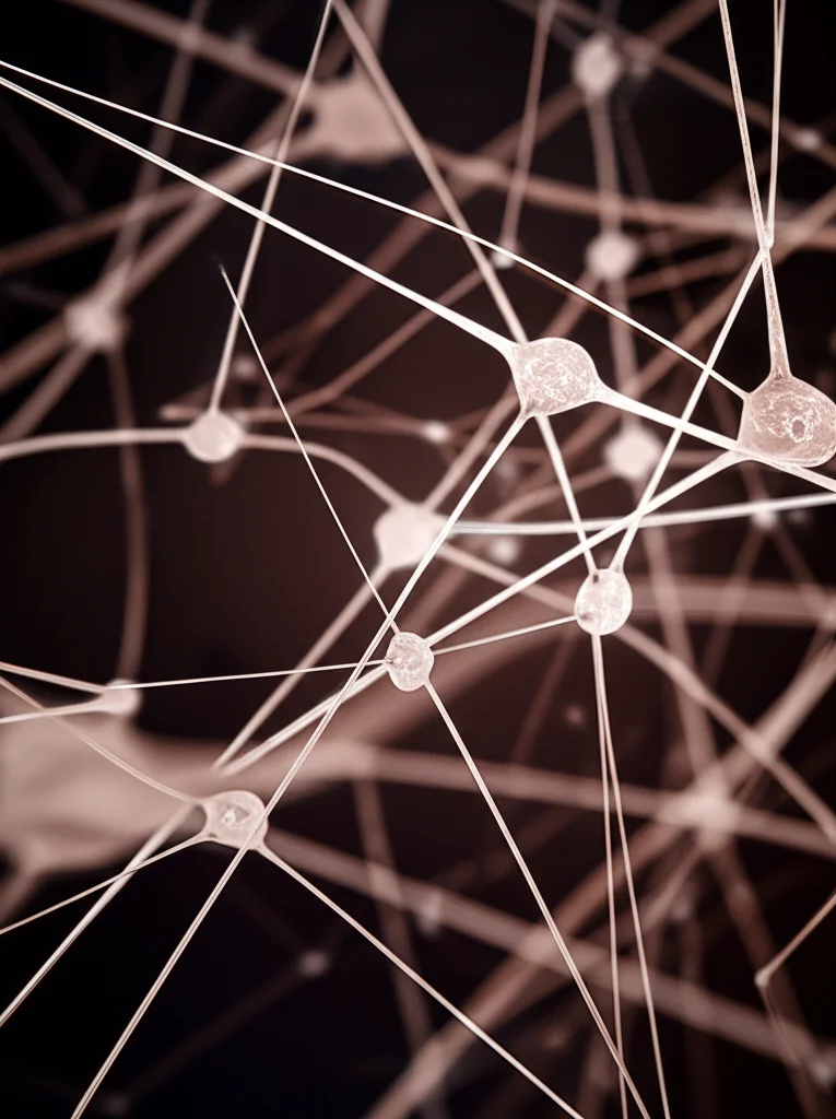 Fotografia macro, 85mm, di una complessa rete neurale o struttura cellulare astratta illuminata da luci soffuse, a simboleggiare la complessità delle malattie rare e le difficoltà diagnostiche. High detail, precise focusing, controlled lighting.