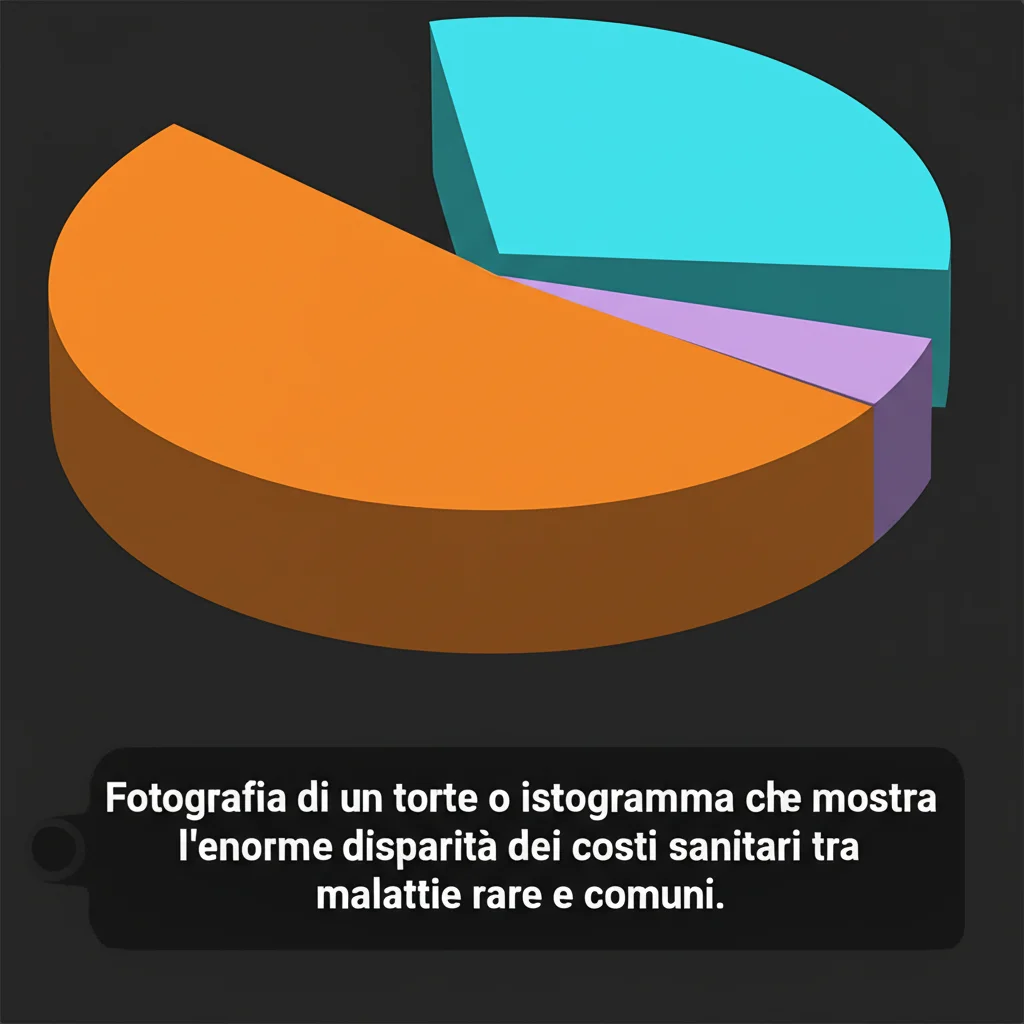 Fotografia di un grafico a torta o istogramma che mostra l'enorme disparità dei costi sanitari tra malattie rare e comuni. Obiettivo macro 100mm, high detail, luce controllata per evidenziare i dati.