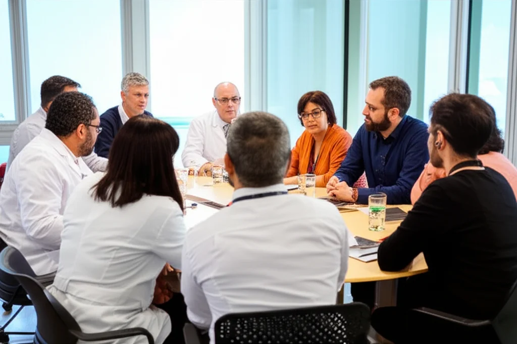 Foto di un gruppo diversificato di persone (pazienti, medici, ricercatori) seduti attorno a un tavolo rotondo in una sala riunioni luminosa, che discutono animatamente ma in modo collaborativo. Obiettivo 35mm, profondità di campo media (Depth of field), luce naturale, a simboleggiare la collaborazione e l'approccio patient-centric.