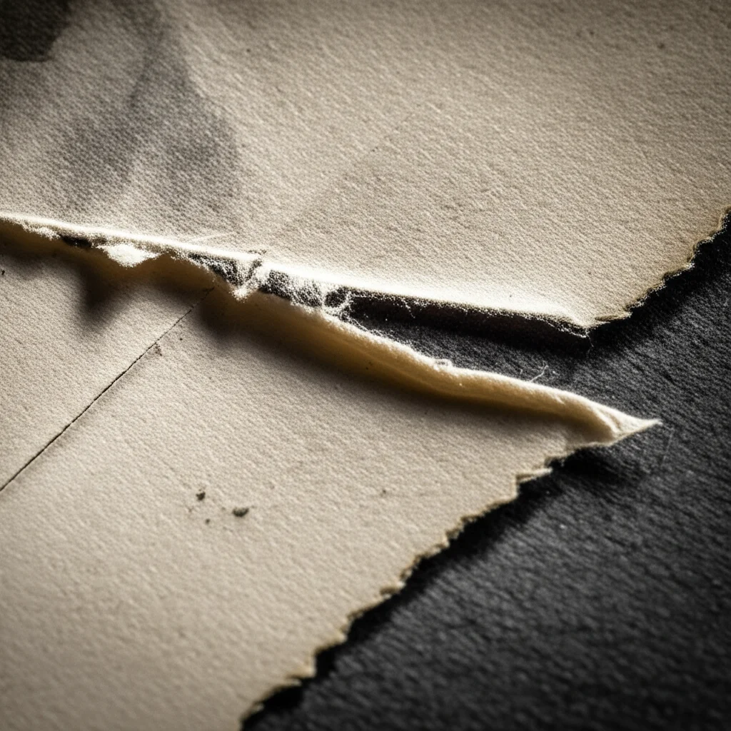 Dettaglio macro di una vecchia fotografia strappata che mostra una famiglia, posata su una superficie scura e ruvida. Illuminazione controllata per evidenziare la texture della carta e lo strappo, obiettivo macro 100mm, alta definizione.