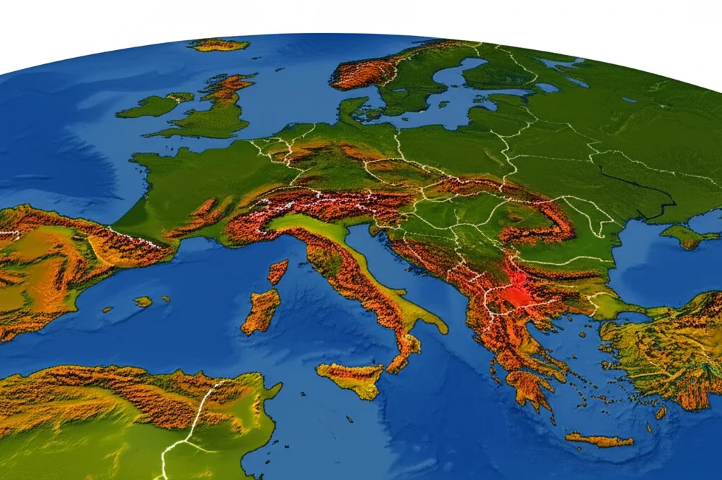 Mappa fotorealistica della Francia che mostra le regioni con alta incidenza di Borreliosi di Lyme evidenziate in rosso più intenso, basata sui dati Antibioclic del 2023. Stile landscape wide angle 10mm, sharp focus, colori vividi per le regioni.