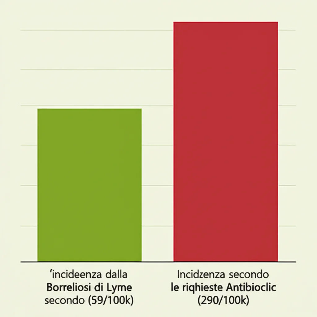Infografica fotorealistica con due barre affiancate: una barra verde più corta rappresenta l'incidenza della Borreliosi di Lyme secondo Sentinelles (59/100k), una barra rossa molto più alta rappresenta l'incidenza secondo le richieste Antibioclic (290/100k). High detail, controlled lighting, sfondo neutro.