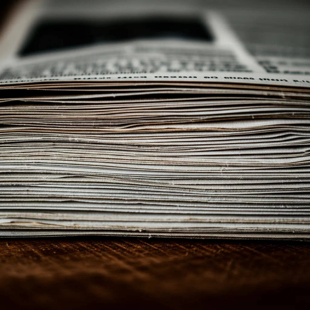 Primo piano macro di un vecchio giornale in lingua Urdu aperto su un tavolo di legno scuro, illuminazione controllata e drammatica che evidenzia la texture della carta e l'inchiostro, obiettivo macro 90mm, alta definizione, messa a fuoco precisa sul testo.
