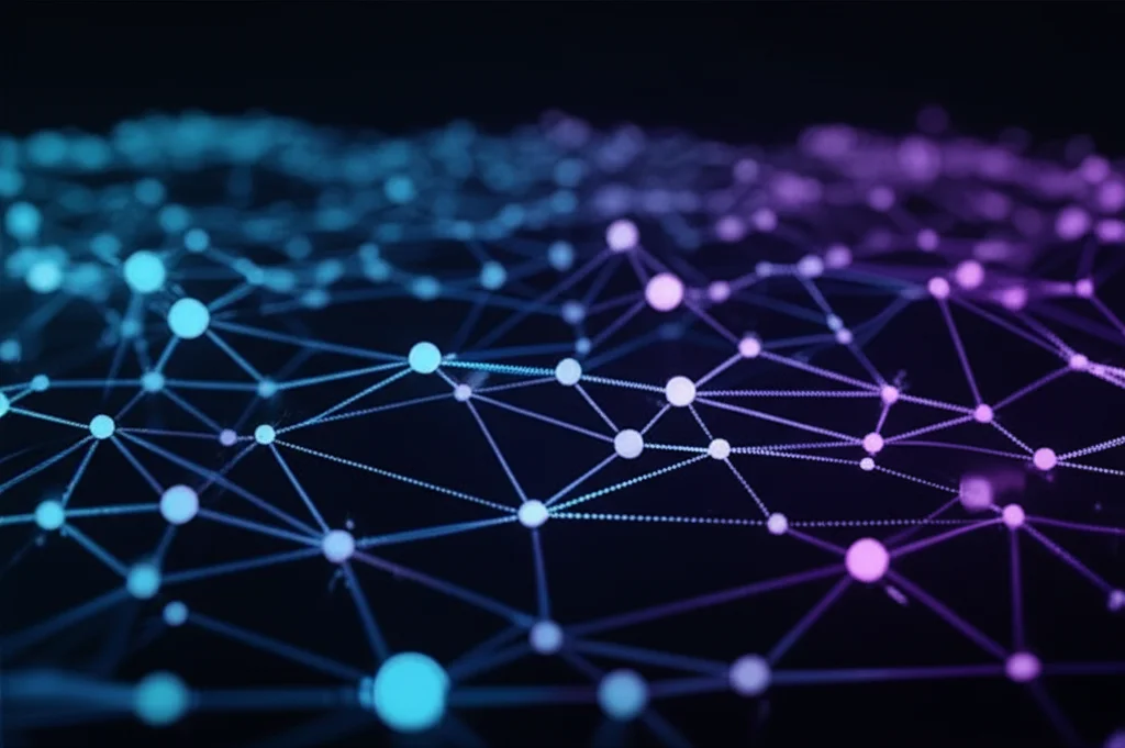 Visualizzazione astratta di una rete neurale complessa con nodi luminosi blu e viola su sfondo nero, che simboleggia un Large Language Model come LLaMA 2, effetto profondità di campo, stile cinematografico high-tech.