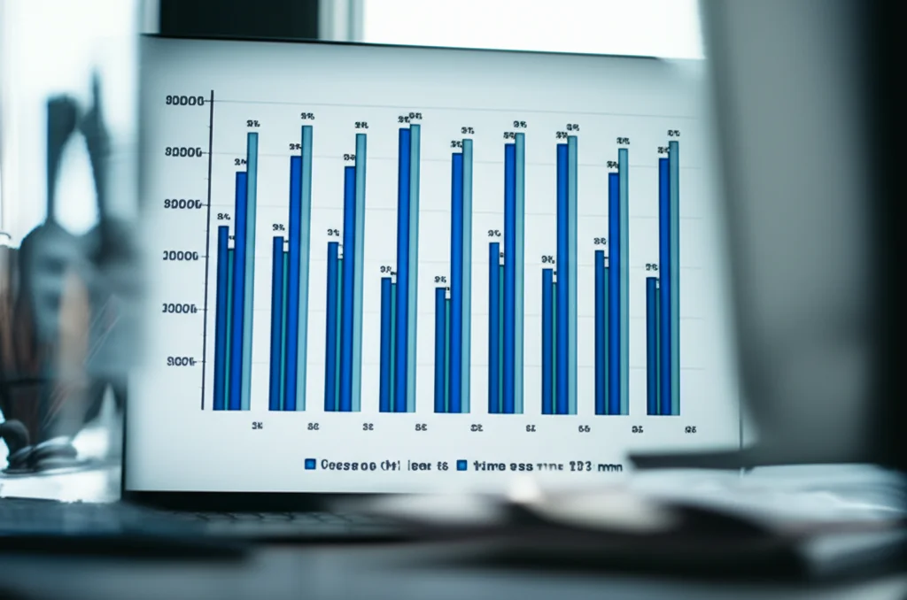 Fotografia di uno schermo di computer che mostra grafici a barre con risultati di accuratezza vicini al 98%, luce ambientale da ufficio leggermente soffusa, obiettivo prime 35mm, leggera profondità di campo per sfocare lo sfondo.