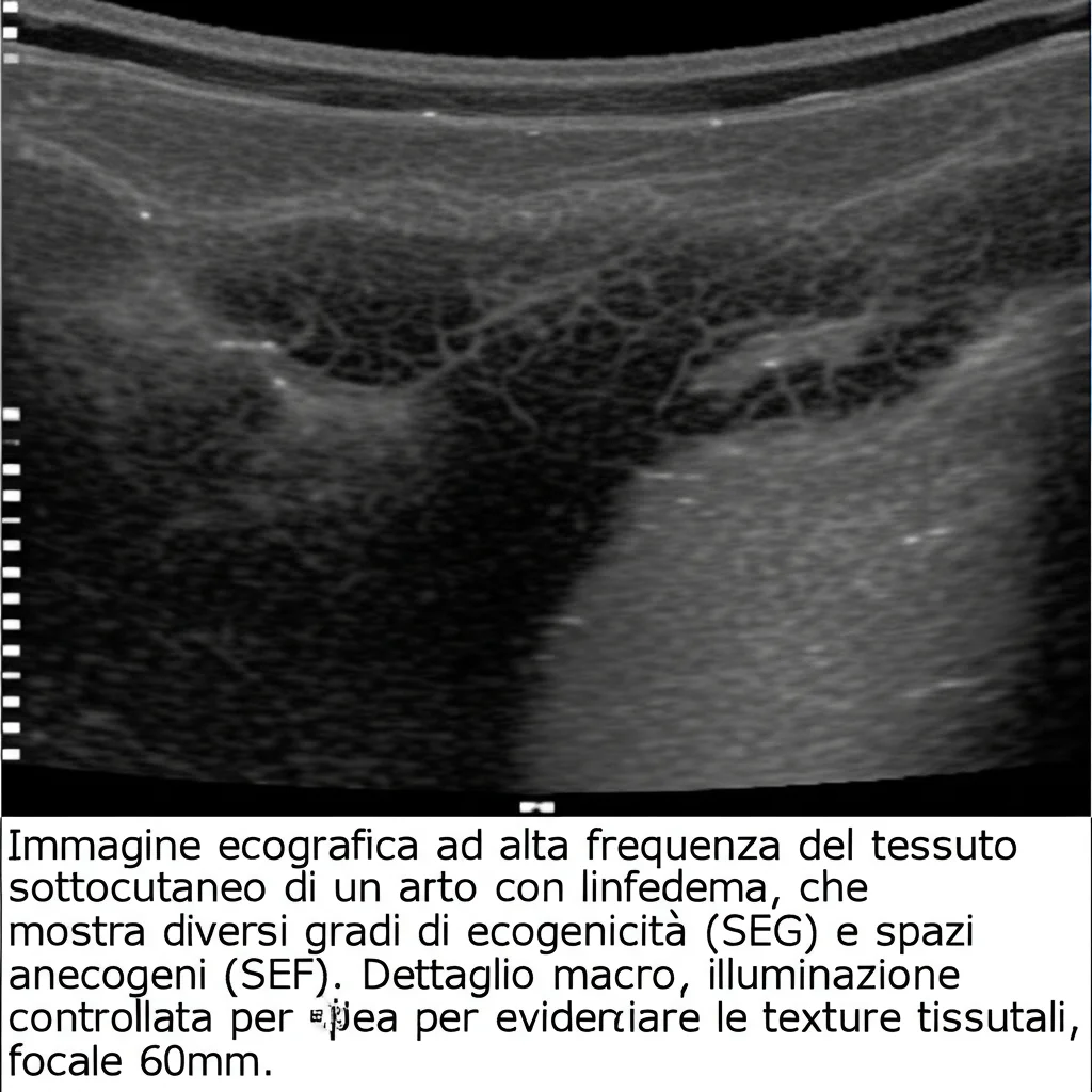 Immagine ecografica ad alta frequenza del tessuto sottocutaneo di un arto con linfedema, che mostra diversi gradi di ecogenicità (SEG) e spazi anecogeni (SEF). Dettaglio macro, illuminazione controllata per evidenziare le texture tissutali, focale 60mm.
