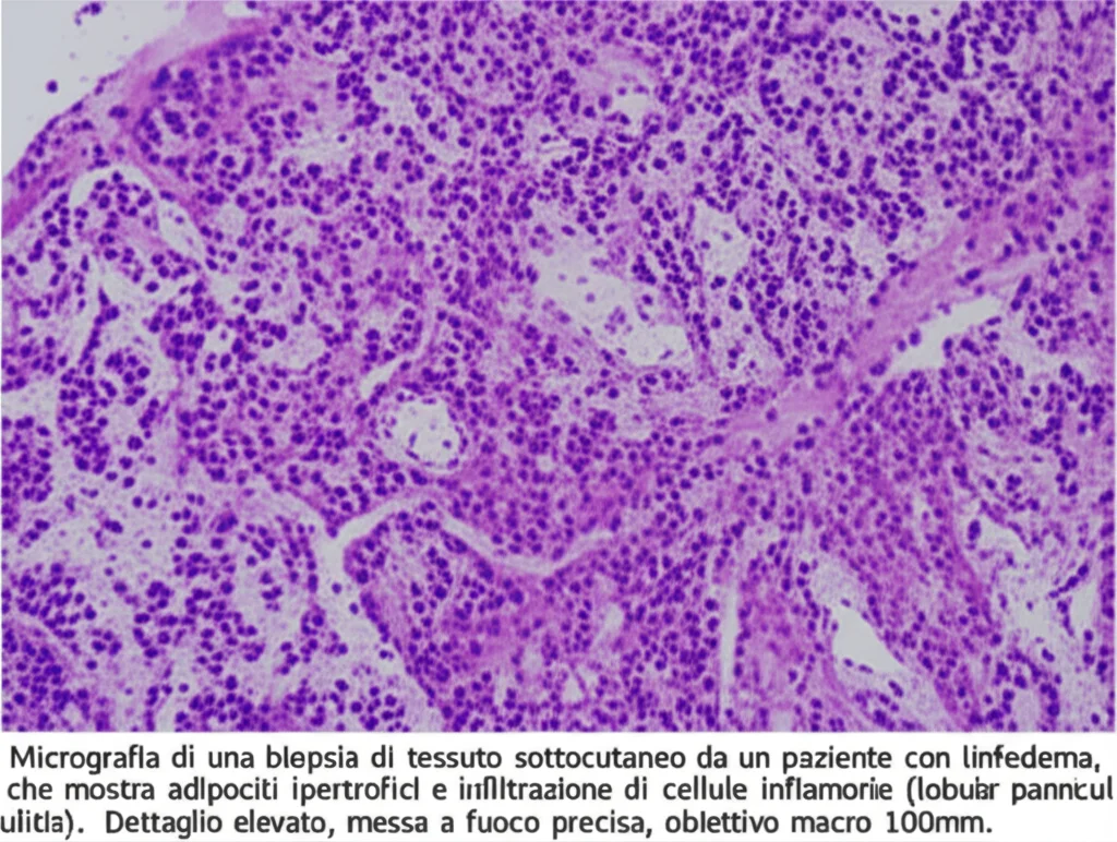 Micrografia di una biopsia di tessuto sottocutaneo da un paziente con linfedema, che mostra adipociti ipertrofici e infiltrazione di cellule infiammatorie (lobular panniculitis). Dettaglio elevato, messa a fuoco precisa, obiettivo macro 100mm.