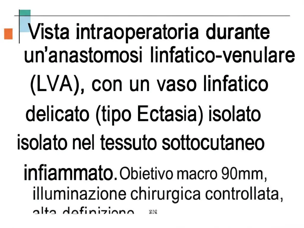 Vista intraoperatoria durante un'anastomosi linfatico-venulare (LVA), con un vaso linfatico delicato (tipo Ectasia) isolato nel tessuto sottocutaneo infiammato. Obiettivo macro 90mm, illuminazione chirurgica controllata, alta definizione.