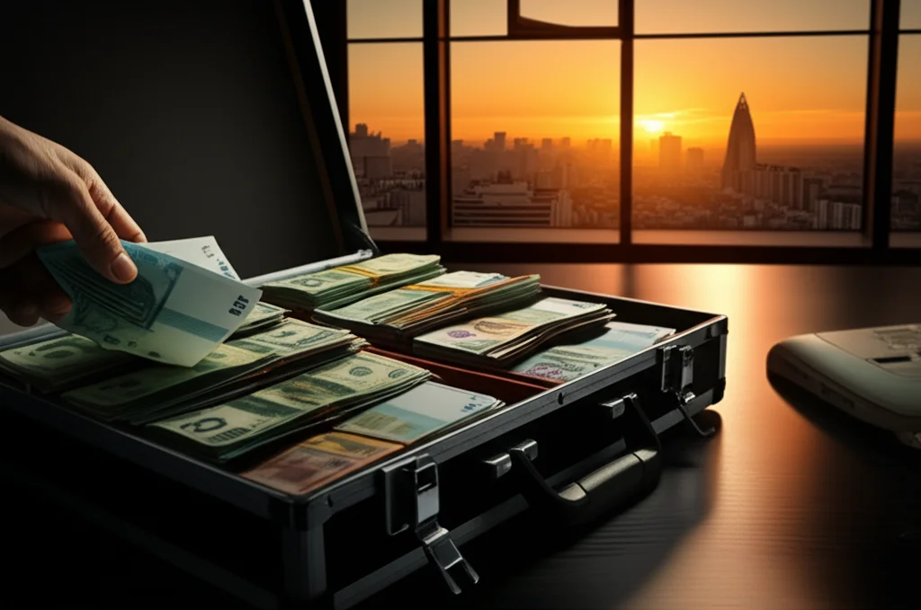 Primo piano di una valigetta diplomatica piena di banconote (Euro e Dollari) che viene chiusa frettolosamente su una scrivania in un ufficio moderno con vista su uno skyline africano al tramonto. Fotografia di oggetti, obiettivo macro 85mm, alta definizione, illuminazione controllata e drammatica che crea ombre lunghe, profondità di campo ridotta.