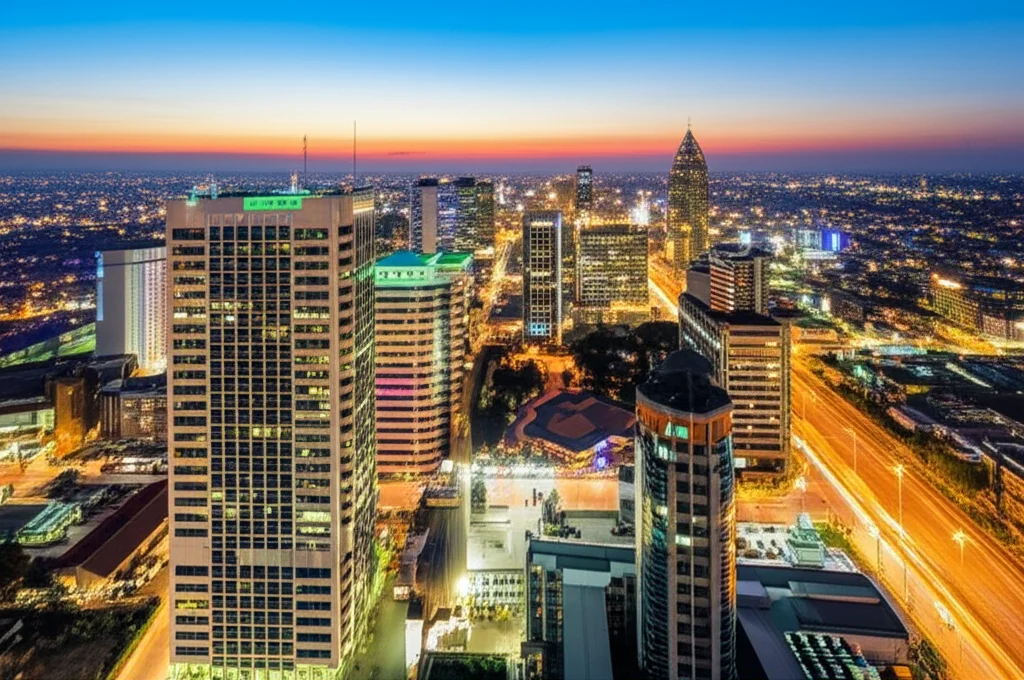 Veduta aerea di un moderno distretto finanziario in una capitale africana (es. Nairobi o Lagos) al crepuscolo, con luci scintillanti. Fotografia wide-angle, obiettivo 14mm, lunga esposizione per creare scie luminose dalle auto, messa a fuoco nitida sugli edifici, cielo con colori caldi.