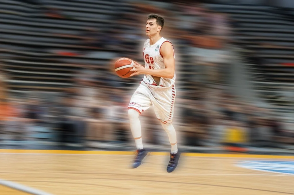 Giocatore di basket che effettua un cambio di direzione rapido in campo, teleobiettivo 100-400mm, alta velocità dell'otturatore per congelare l'azione, tracciamento del movimento, illuminazione da palazzetto dello sport.