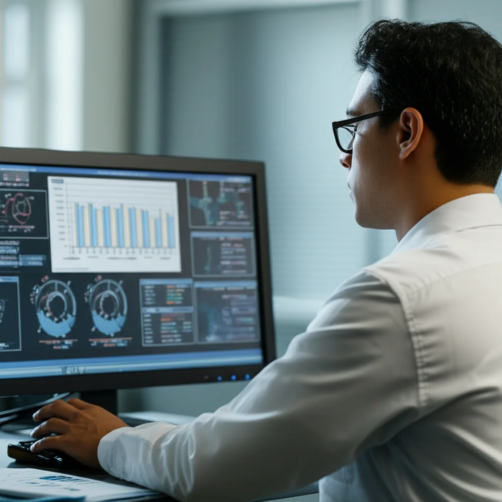 Ricercatore scientifico che analizza dati su un computer in un laboratorio, obiettivo macro 60mm, alta definizione, focus preciso sullo schermo con grafici e tabelle, illuminazione controllata da ufficio.