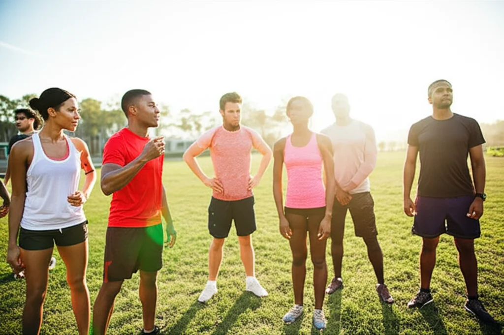 Gruppo diversificato di atleti che si allenano insieme all'aperto, vista grandangolare 24mm, luce solare del mattino, focus nitido su tutto il gruppo, espressioni di impegno e cameratismo.