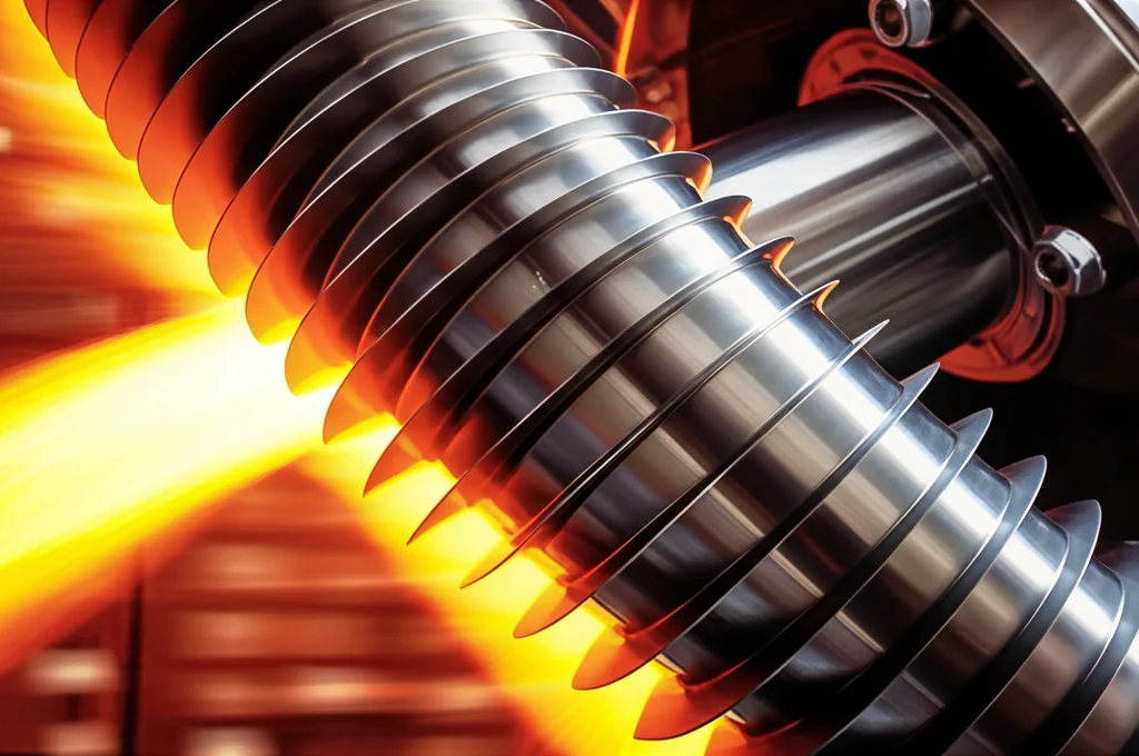 Componente di turbina di un motore a reazione realizzato in un materiale metallico avanzato lucido (rappresentante GdAl2), esposto a un flusso di calore simulato (sfumature rosse/arancioni), catturato con stile motion photography, fast shutter speed, telephoto zoom 300mm, action tracking.