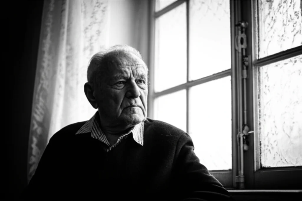 Un ritratto fotografico di un anziano seduto da solo vicino a una finestra, con un'espressione pensierosa e malinconica che riflette sentimenti di solitudine e privazione relativa. Luce naturale soffusa che entra dalla finestra, stile bianco e nero, obiettivo 35mm, profondità di campo ridotta per focalizzare sull'espressione del soggetto.