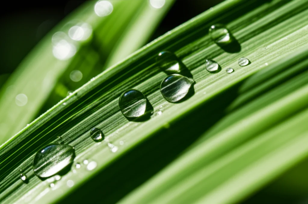 Fotografia macro di una foglia verde e rigogliosa con gocce di rugiada, simbolo di resilienza e crescita personale nonostante le avversità. Obiettivo macro 90mm, alta definizione dei dettagli, illuminazione morbida e naturale per enfatizzare la freschezza e la vitalità.
