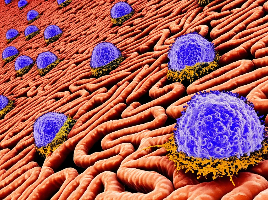 Micrografia elettronica stilizzata ma fotorealistica di enterovirus che interagiscono con cellule pancreatiche beta, obiettivo macro 60mm, alto dettaglio sulle strutture virali e cellulari, illuminazione da microscopio.