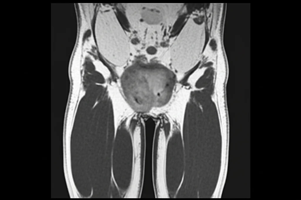 Immagine MRI ad alta risoluzione che mostra un Emangioendotelioma Kaposiforme in un bambino piccolo, evidenziando la natura infiltrante del tumore nei tessuti molli dell'arto inferiore. Obiettivo macro 100mm, illuminazione controllata, alta definizione, focus preciso sulla lesione.