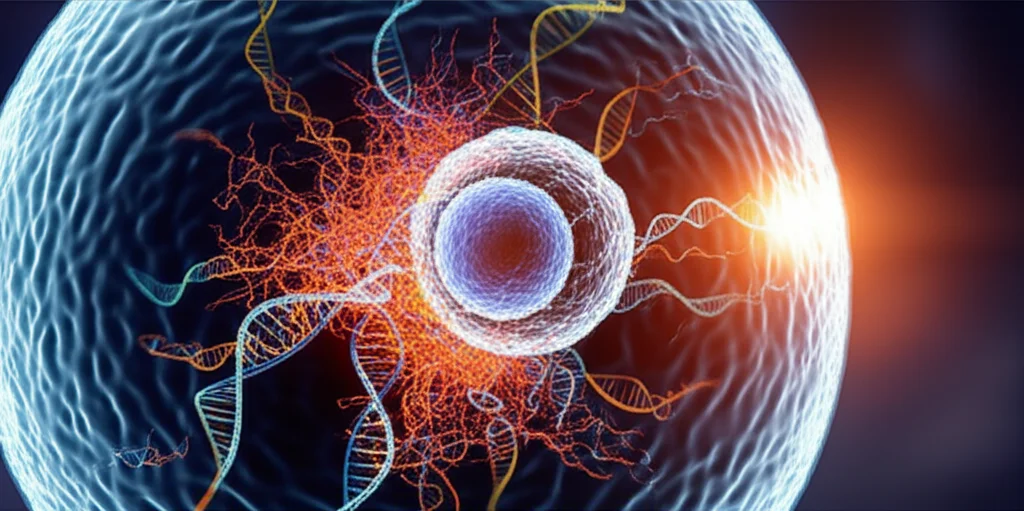 Visualizzazione astratta e fotorealistica del concetto di espressione genica, con filamenti di RNA colorati che emergono da un nucleo cellulare stilizzato, obiettivo prime 50mm, profondità di campo ridotta, illuminazione interna vibrante.