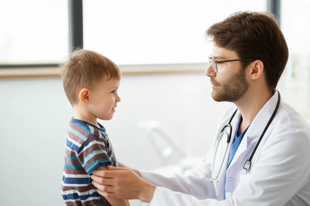 Un medico pediatra esamina con cura la gamba di un bambino piccolo con un segno cutaneo residuo violaceo di KHE, dopo un trattamento di successo. Fotografia ritratto, obiettivo prime 35mm, profondità di campo ridotta per focalizzare sull'interazione medico-paziente, toni caldi e rassicuranti, luce naturale da finestra.