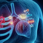 A photorealistic image, 35mm portrait, depth of field, showing a stylized representation of a lung cell with highlighted genetic material and signaling pathways (Notch and Wnt), suggesting targeted therapy research.