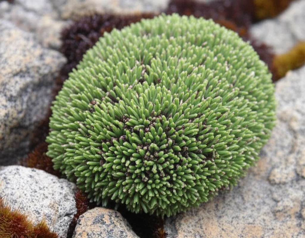 Macro shot of a Cushion willow (Salix brachista) plant, 100mm macro lens, showcasing its low-growing, cushion-like form with tiny leaves, nestled in a rocky alpine environment. High detail, precise focusing, controlled lighting to emphasize its hardy texture and adaptation to harsh conditions.
