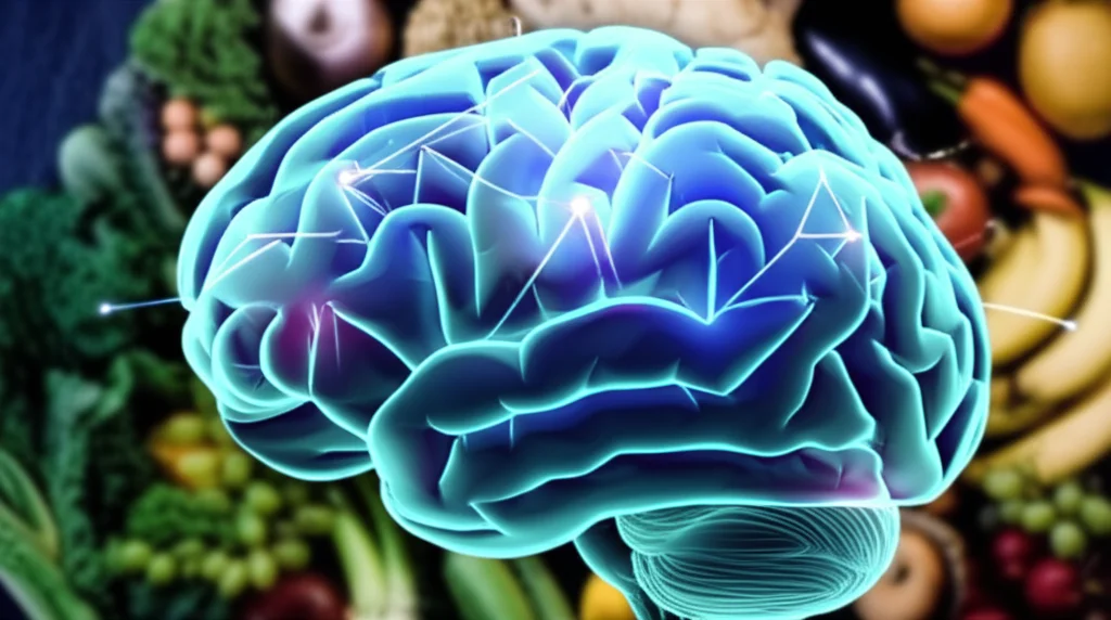Visualizzazione stilizzata del cervello umano con connessioni neurali luminose che si attivano nella corteccia prefrontale (polo frontale), sovrapposta a immagini sfocate di cibi sani come frutta e verdura. Stile fotorealistico con elementi grafici high-tech, illuminazione drammatica che evidenzia le connessioni neurali, obiettivo virtuale 50mm.