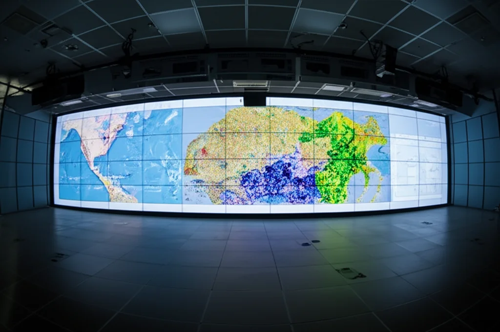 Mappa geologica digitale interattiva su un grande schermo in una sala di controllo, con aree evidenziate che indicano la prospettività mineraria basata su dati AI. Wide-angle lens 20mm, sharp focus, ambiente high-tech.