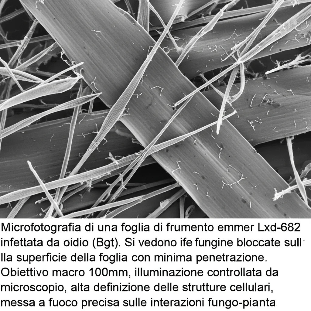 Microfotografia di una foglia di frumento emmer Lxd-682 infettata da oidio (Bgt). Si vedono ife fungine bloccate sulla superficie della foglia con minima penetrazione. Obiettivo macro 100mm, illuminazione controllata da microscopio, alta definizione delle strutture cellulari, messa a fuoco precisa sulle interazioni fungo-pianta.