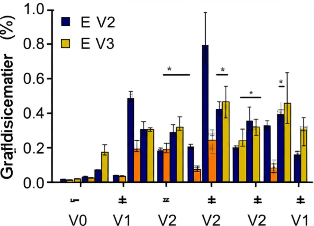 Grafico scientifico che mostra i livelli di espressione genica di due varianti (V1 e V2) nel tempo dopo l'infezione. Le barre di V2 sono significativamente più alte di quelle di V1 in diversi punti temporali. Grafico a barre colorato su sfondo bianco, etichette chiare, barre di errore visibili. Obiettivo prime 50mm, stile grafico pulito.