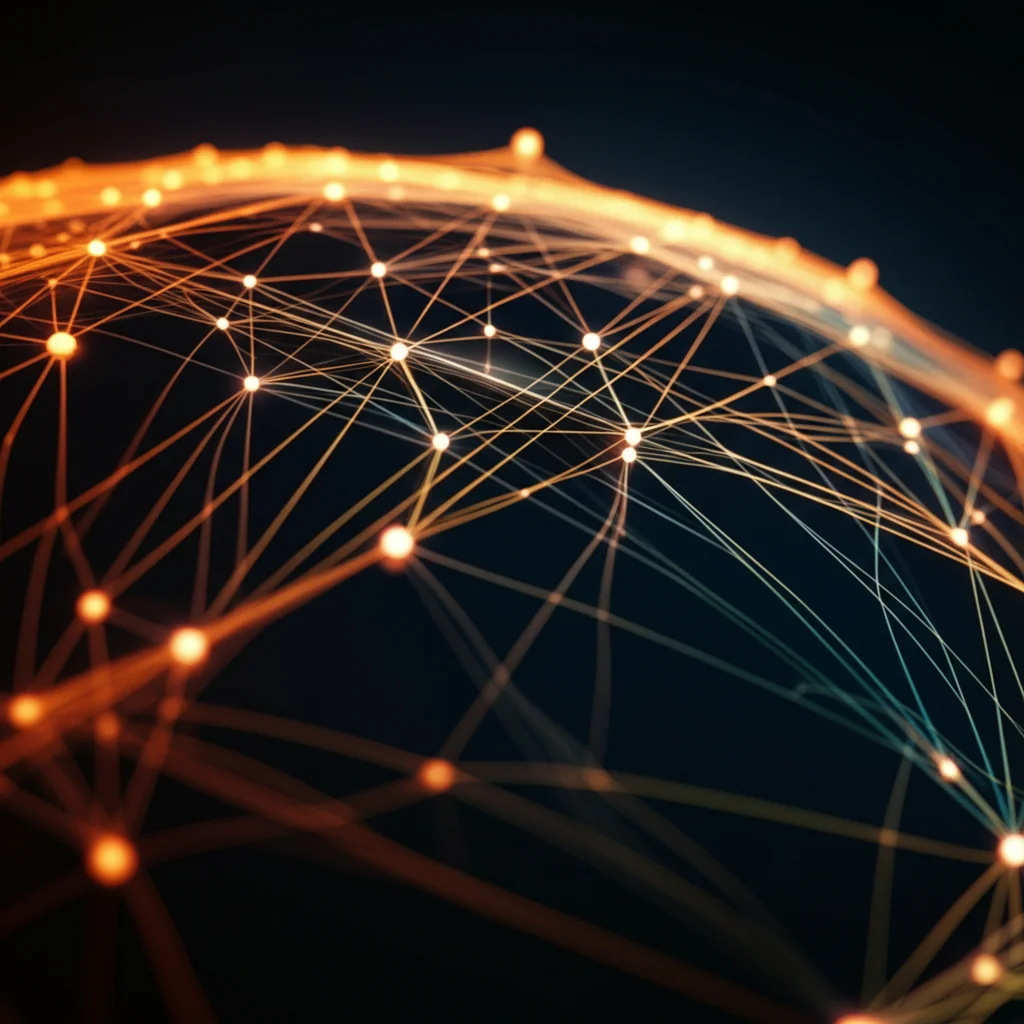 Visualizzazione astratta di una rete neurale convoluzionale (CNN) 1D che processa dati geospaziali rappresentati come segnali. Nodi luminosi e connessioni su sfondo scuro. Macro lens 80mm, high detail, precise focusing.