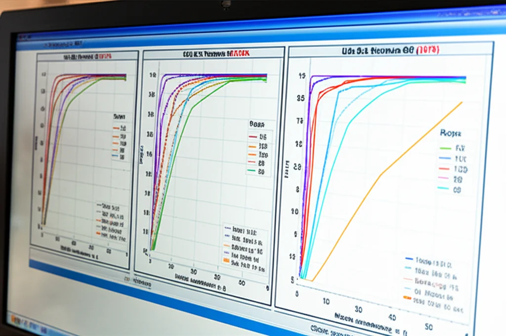 Grafico complesso con curve ROC e curve di successo visualizzato su un monitor, che mostra le performance comparative di diversi modelli di machine learning per la mappatura mineraria. High detail, controlled lighting, focus sui dati.