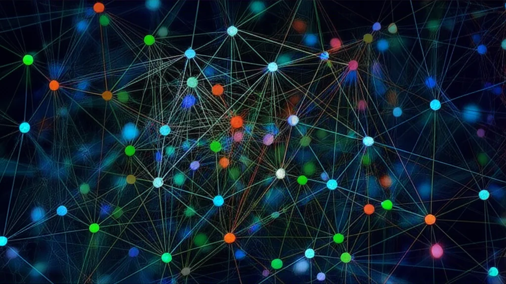 Visualizzazione astratta di una rete di interazione genica o di una via di segnalazione come la MAPK. Nodi luminosi collegati da linee su uno sfondo scuro e complesso. Colori vibranti (blu, verde, arancione) per rappresentare diversi geni o proteine. Stile infografica scientifica, alta risoluzione.