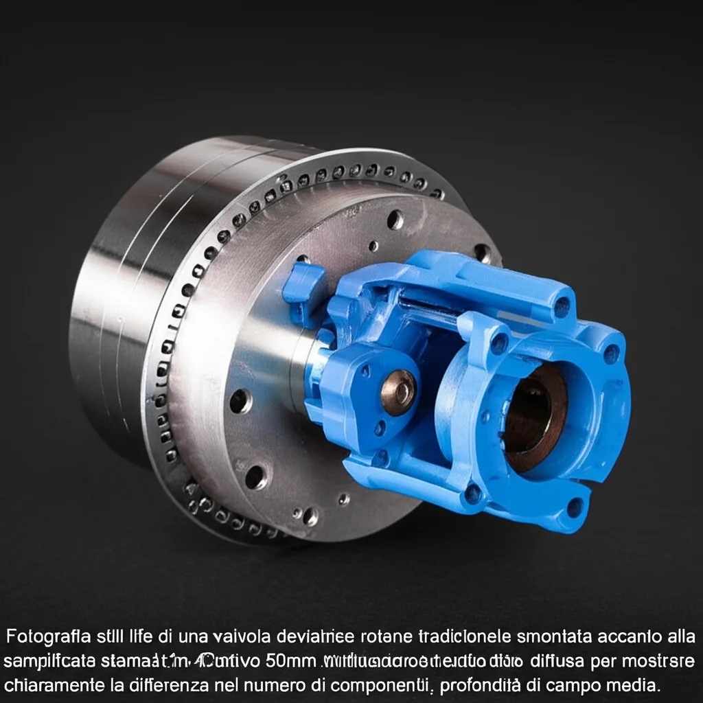Fotografia still life di una valvola deviatrice rotante tradizionale smontata accanto alla versione semplificata stampata in 4D. Obiettivo 50mm, illuminazione da studio diffusa per mostrare chiaramente la differenza nel numero di componenti, profondità di campo media.