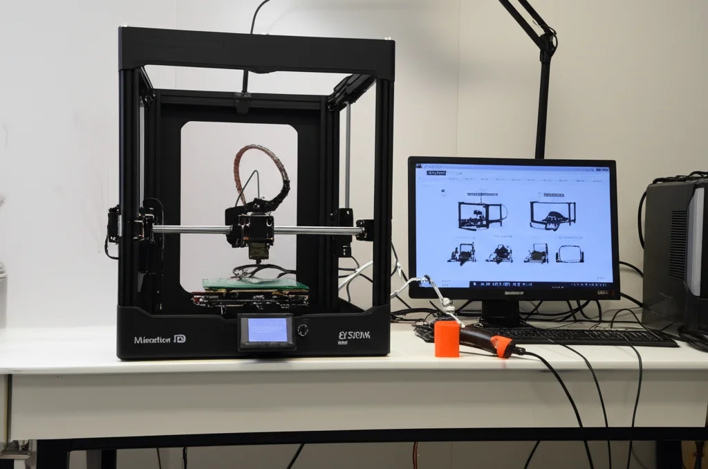 Immagine wide-angle di un laboratorio di stampa 4D con la stampante FFF MakerBot in funzione, il setup per la programmazione della valvola e il sistema di test di recupero con pistola termica e camera. Obiettivo grandangolare 18mm, luce ambientale del laboratorio, messa a fuoco nitida su tutta la scena per mostrare il flusso di lavoro sperimentale.