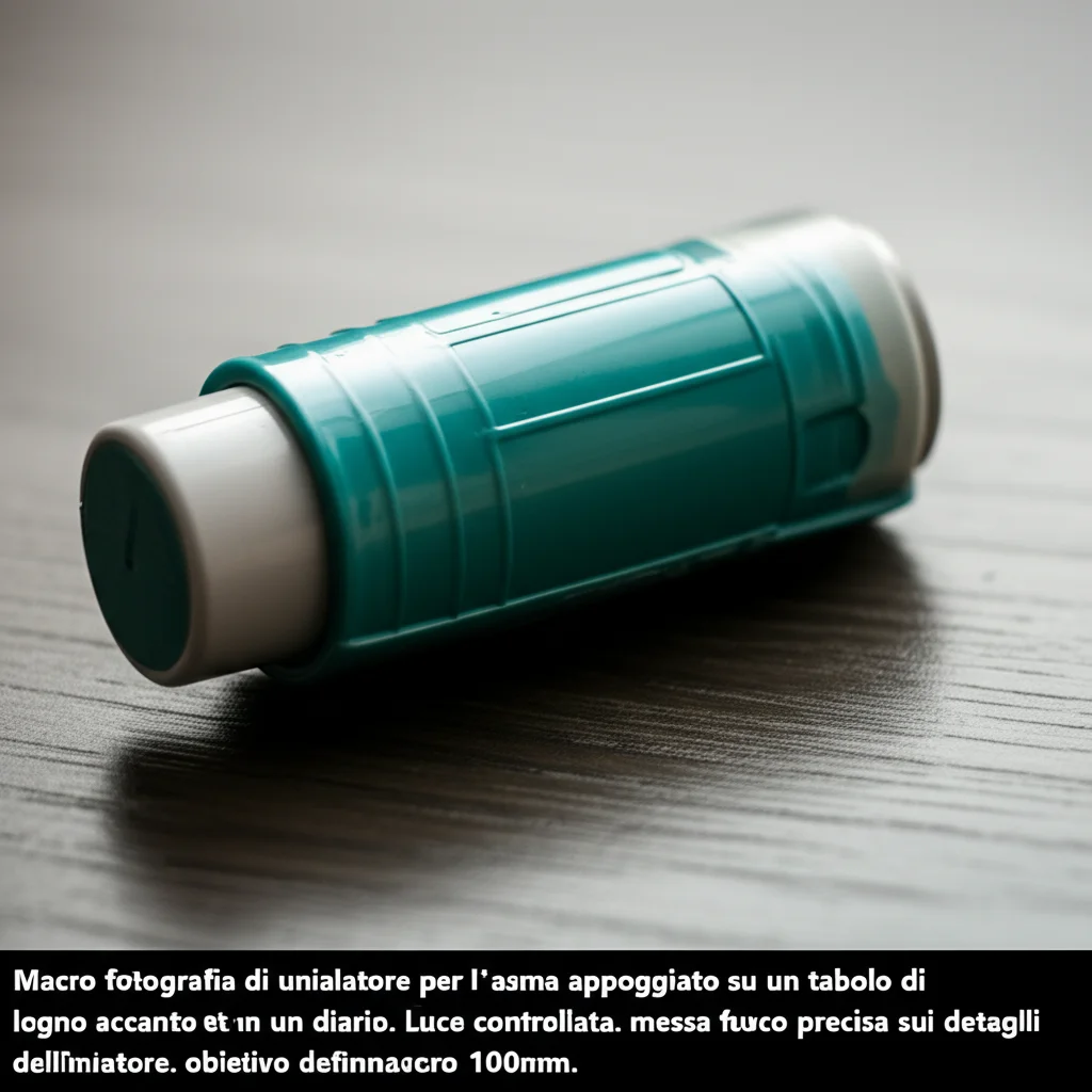 Macro fotografia di un inalatore per l'asma appoggiato su un tavolo di legno accanto a un diario dei sintomi. Luce controllata, messa a fuoco precisa sui dettagli dell'inalatore, obiettivo macro 100mm, alta definizione.